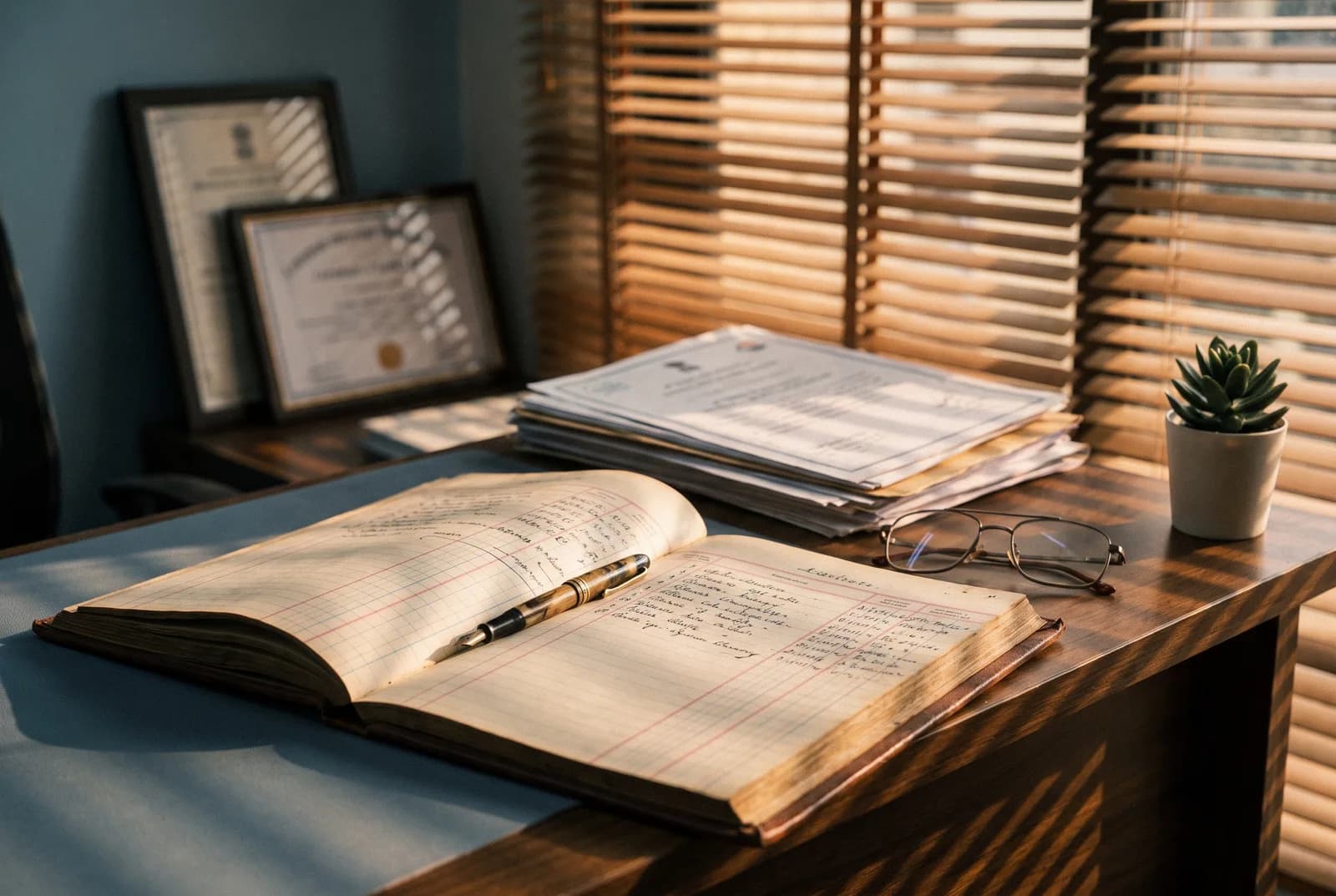 A chartered accountant's desk with ledger, pen and papers, warm light