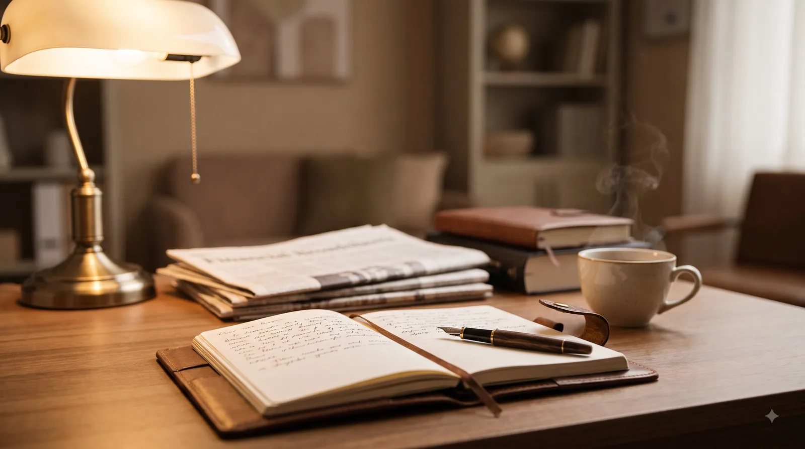 A writing desk with an open notebook, fountain pen, and financial newspapers