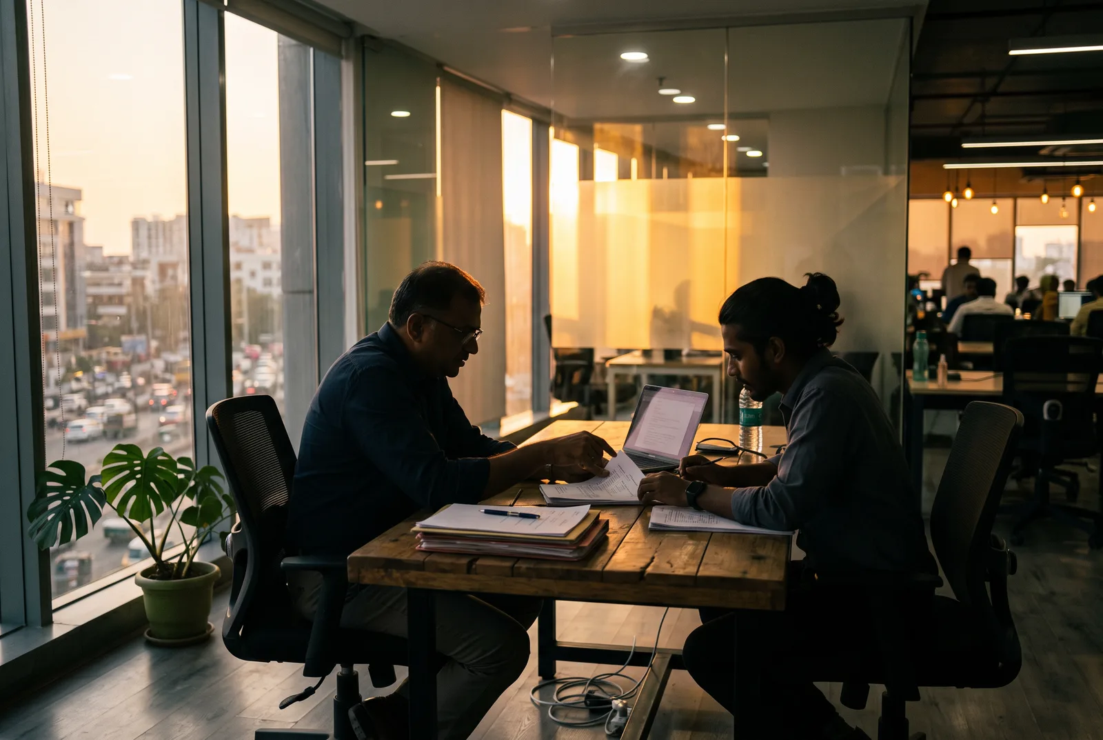 A senior chartered accountant and an articled trainee reviewing documents together