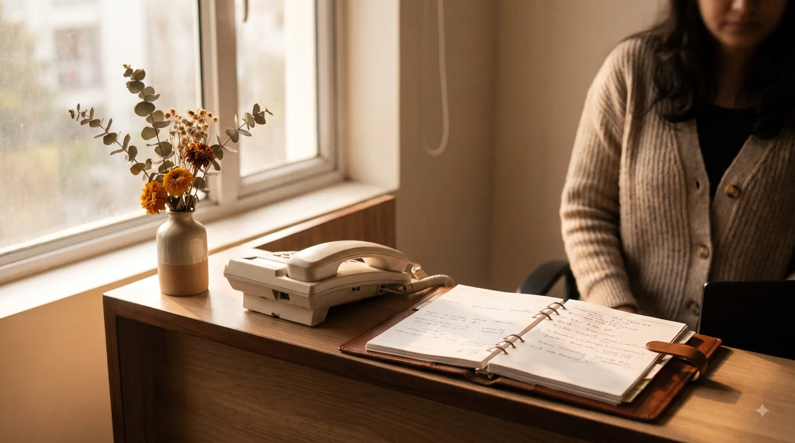 A reception desk with a telephone and an open appointment diary, warm morning light