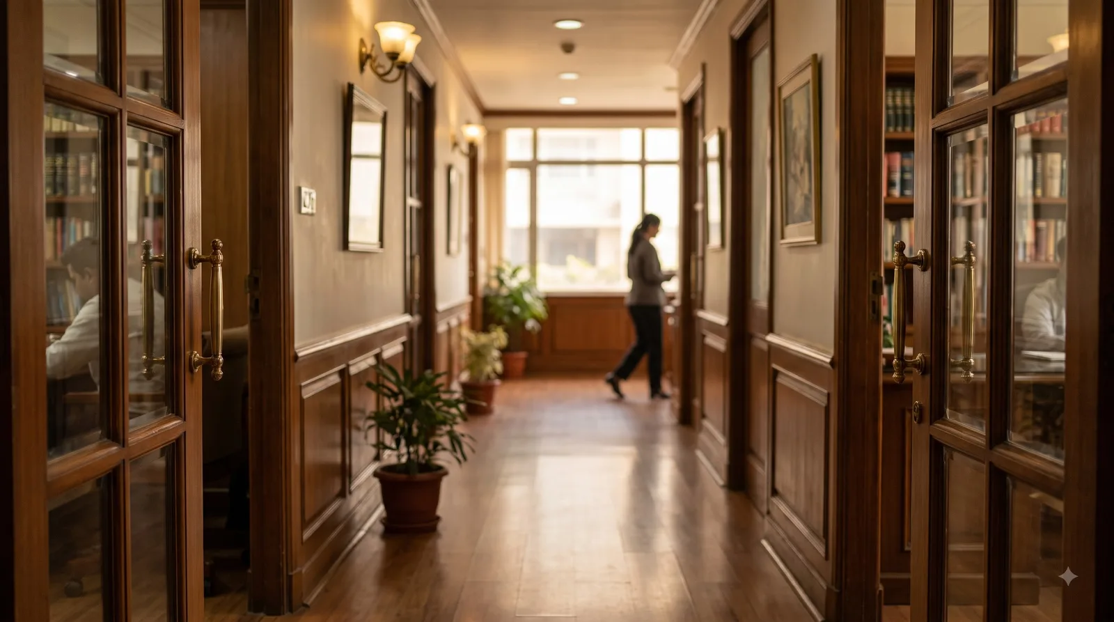 A warm wood-panelled office corridor with two doors, suggesting two office locations