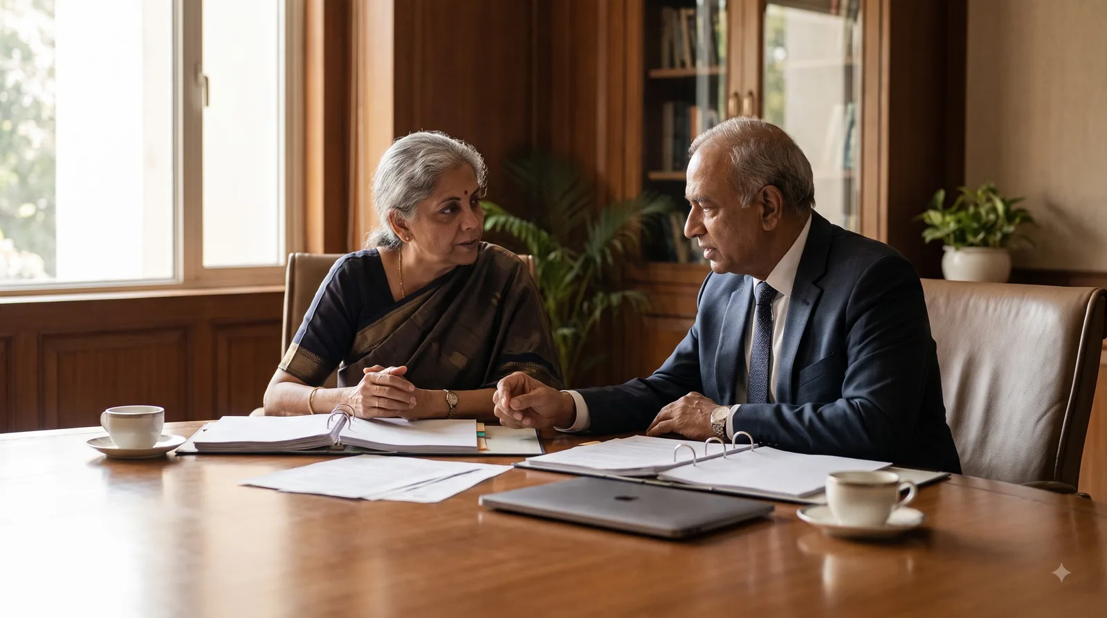 Two senior chartered accountants in discussion around a conference table