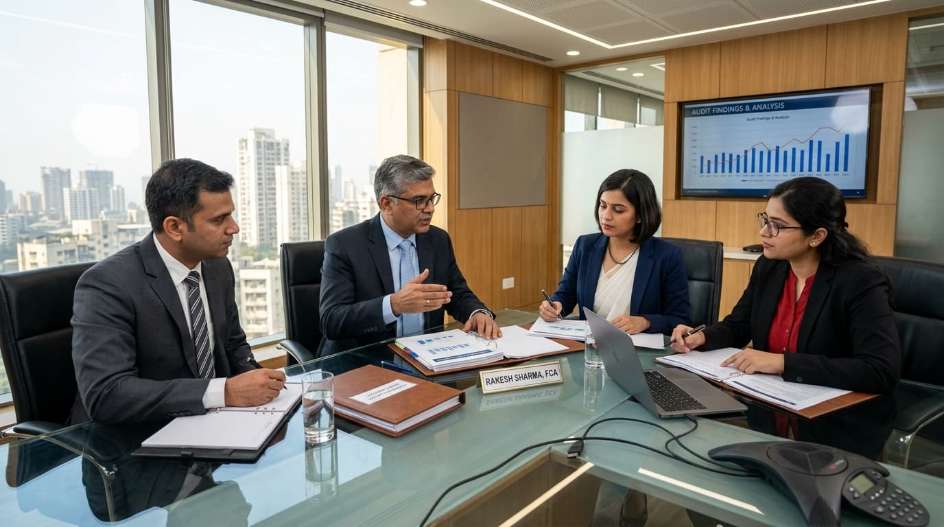 Chartered Accountants discussing audit reports in a boardroom