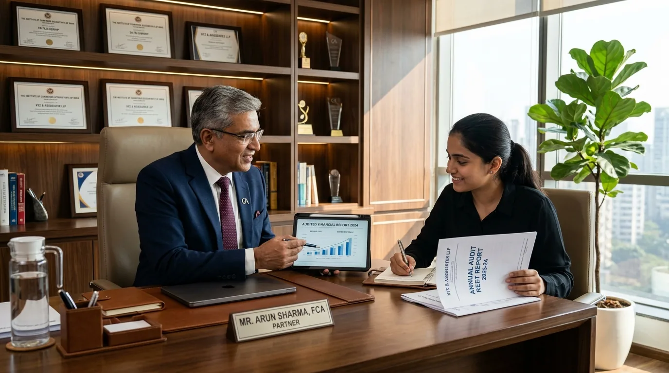 Senior Chartered Accountant partner mentoring an articled assistant on audited financial statements