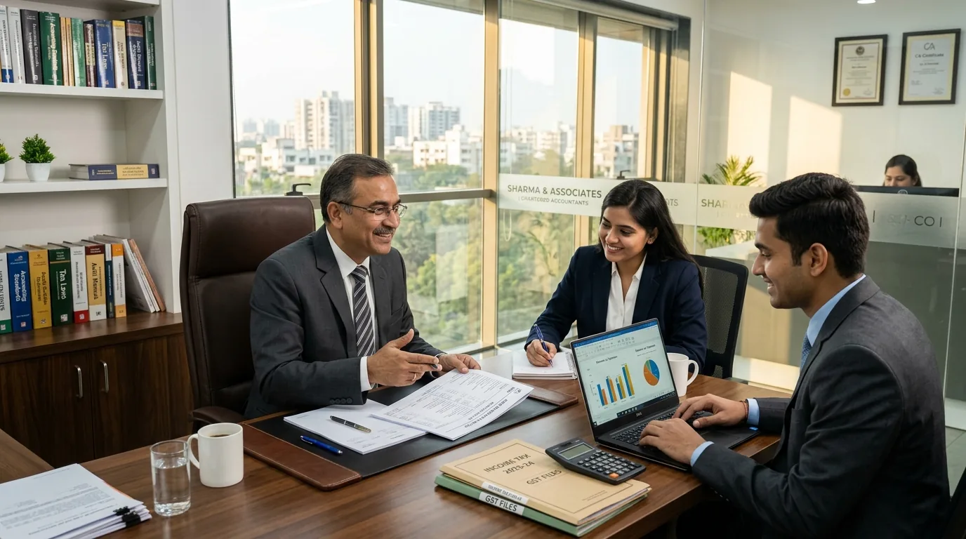 A senior chartered accountant mentor and young articled assistants reviewing tax and audit files