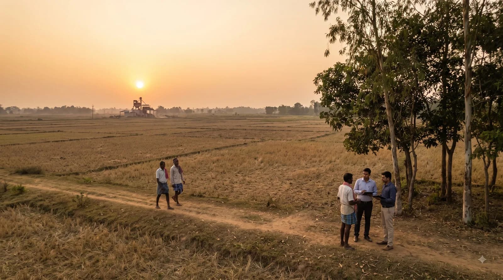 Paddy fields near Kalahandi, Odisha at golden hour with a rice mill in the distance